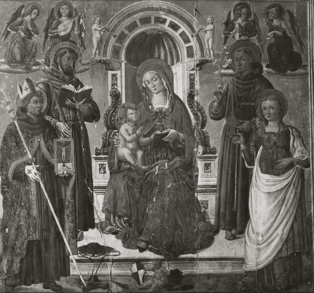 tavola di Orlando Merlini. Ex chiesa di San Francesco a Corciano. Madonna in trono  tra i santi Francesco, Bonaventura, Antonio da padova e Maria maddalena